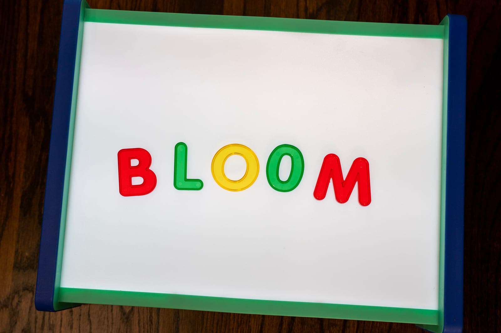 BLOOM spelled out in magnetic letters on the therapy room whiteboard